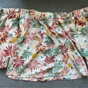 Pink tropical off-shoulder long sleeve blouse - S